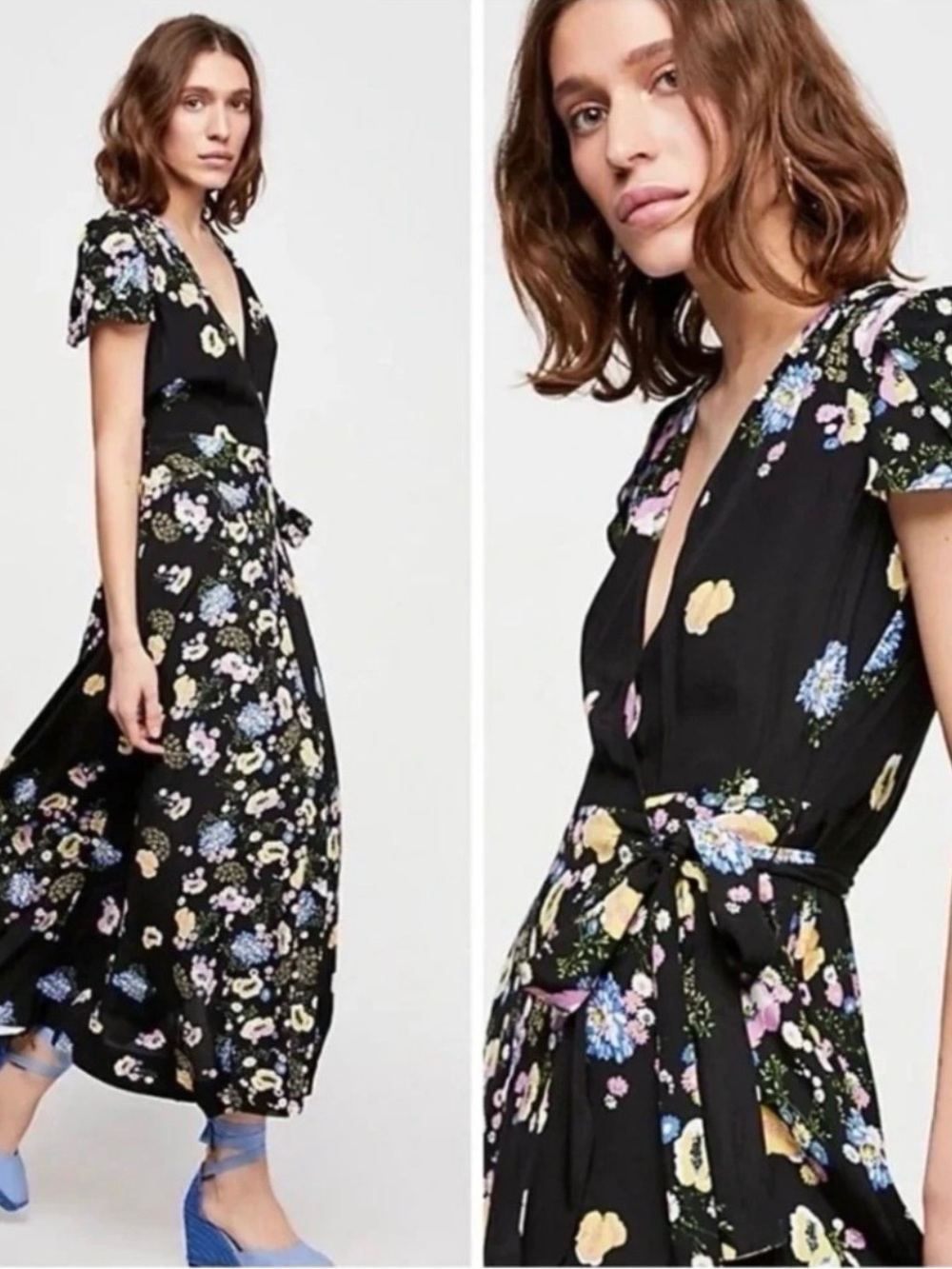 Free People Black Floral Maxi Wrap Dress with Pastel Accents